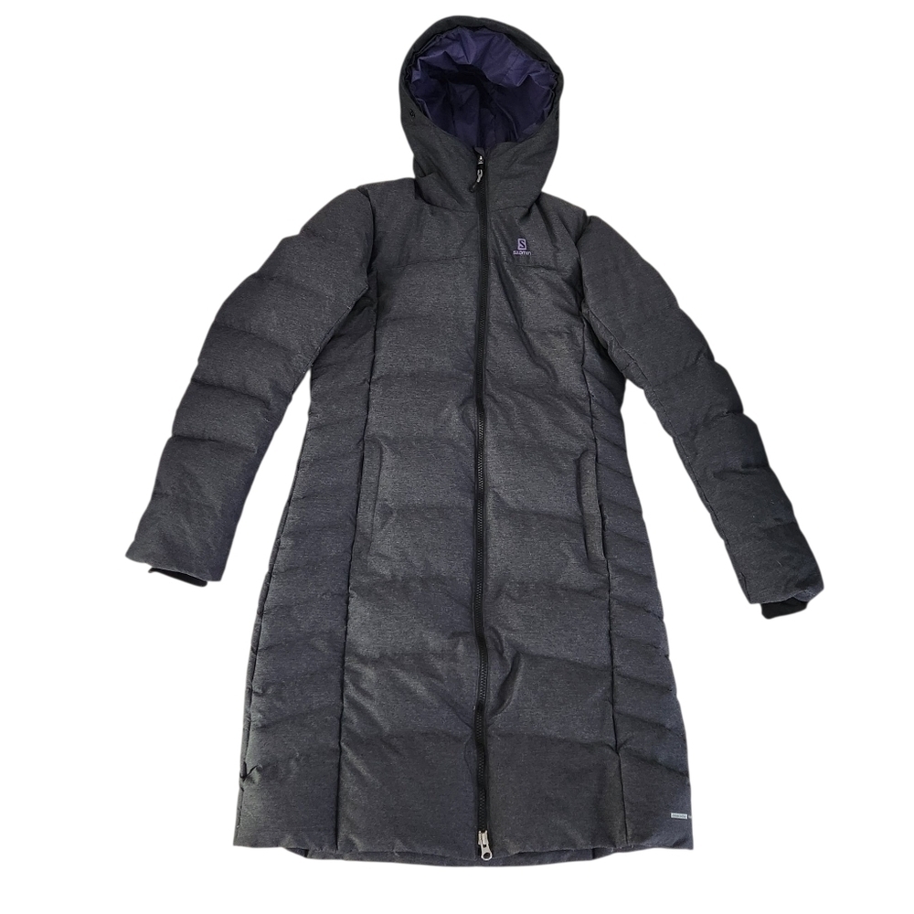 SALOMON Women's Coteaux Long down parka puffer hooded Jacket dark grey small
